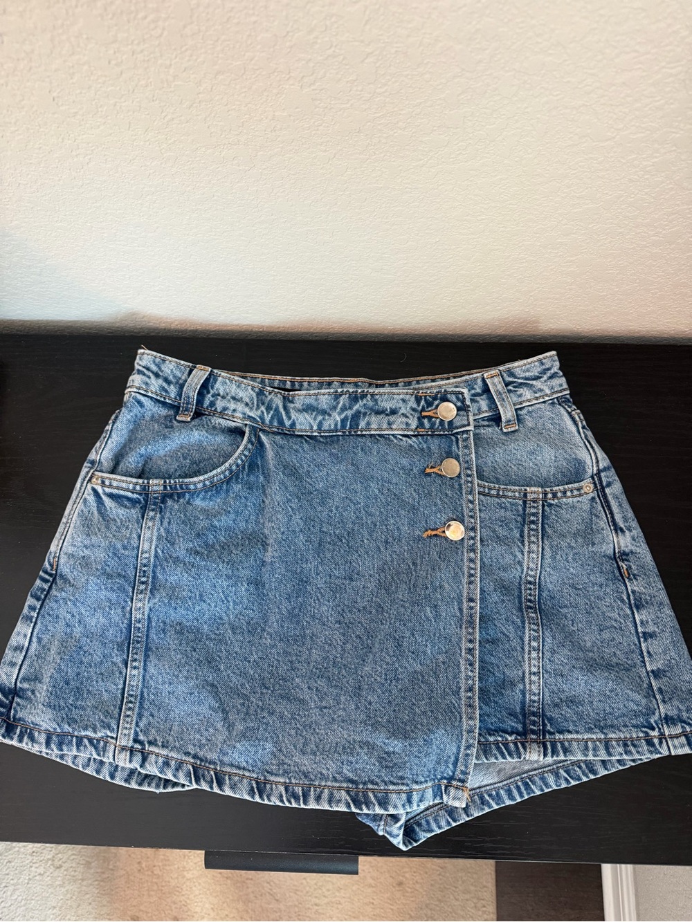 Zara Light Blue Denim Mini Skort with Side Buttons